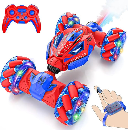 Unique 4WD 360° Rotating Gesture Sensing RC Stunt Car, Double‑Sided Driving RC Drift Car with Lights, Music & Spray, Kids Outdoor Cars Toys for Ages 6-12, Gifts for Boys 6-12,2 Replaceable Batteries