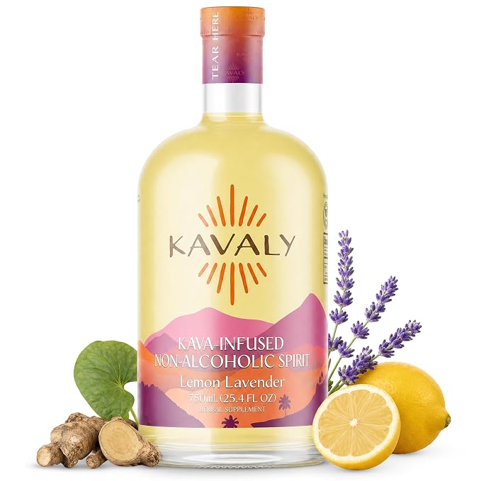 Kavaly Non Alcoholic Kava Drink, Premium Alcohol Free Kava Infused Spirit for Mocktails and Mixed Drink Recipes, Alcohol Alternative with 205mg Kavalactones, Low Calories, Lemon Lavender Flavor, 750ml