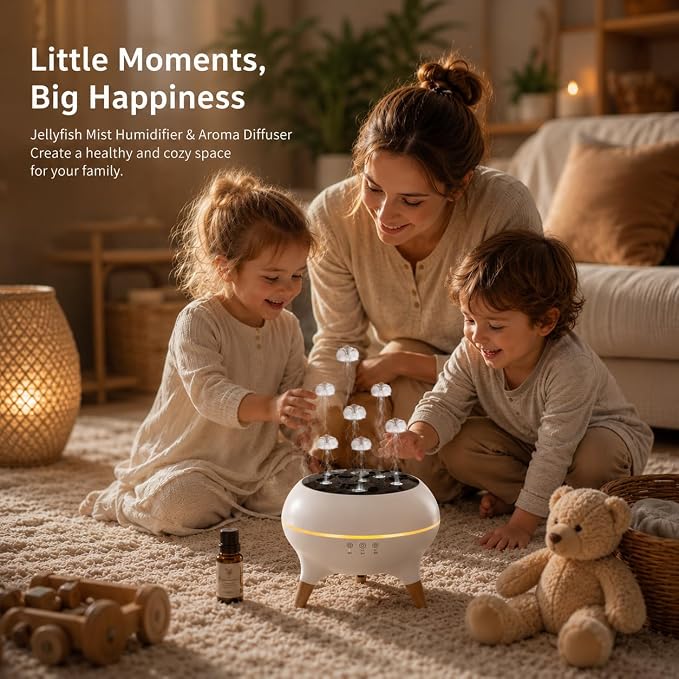 Jellyfish Essential Oil Diffuser, 250ml Aroma Diffuser Humidifier with Remote Control, 7-Color LED Lights, 4/8H Timer, Sound Activated Mist Ring Mode, Cool Mist Diffuser for Bedroom, Desk, Office
