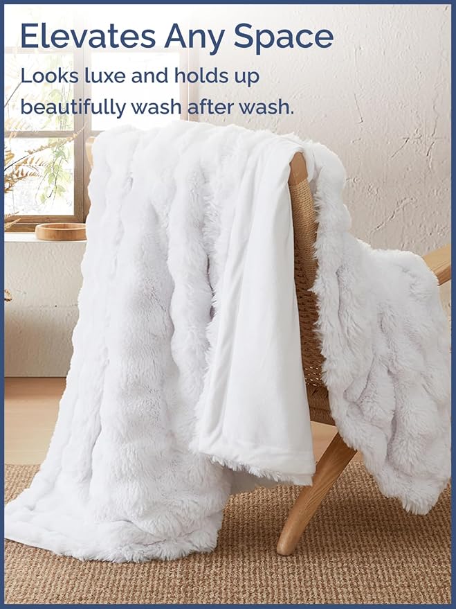 3D Fleece Bubble Blanket Throw Size - Rabbit Blanket - 50" x 60", White | Soft Fluffy Faux Fur Blanket for Couch Sofa & Chair, Cozy Gifts for Women, Tie Dye Cloud Throw Bed Cover, Thick Plush Bedding