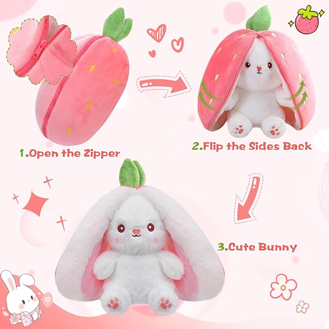 MIAODAM 13.7inch Large Easter Bunny Stuffed Animal, Kawaii Squishy Cute Easter Bunny Plush Turn Into Rabbit Fruit Doll Carrot Strawberry Pillow, Plushies Funny Bunny Toy for Baby Gifts for Girlfriend