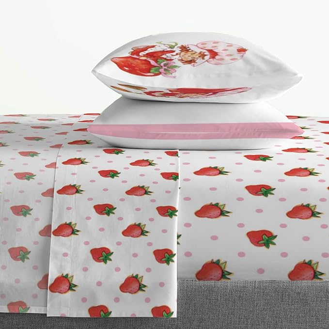 Jay Franco Kids Sheet Set with Fitted, Flat Sheets & Pillow Cover - Ultra-Soft Bedding with Pillowcase for Room Decor, White - Strawberry Shortcake, 4 Piece Queen