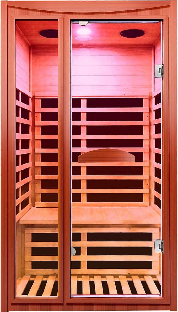 OUTEXER Far Infrared Sauna Home Sauna Spa Room for 1-2 Person Low-EMF Canadian Hemlock Wood 1550W Indoor Saunas with 7 Color Light 39.3 * 35.4 * 74.8Inch