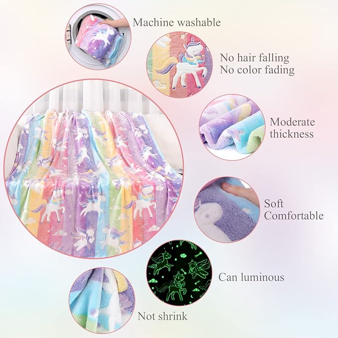 Glow in The Dark Blanket Unicorns Gifts for Girls,Soft Blanket 3 4 5 6 7 8 9 10 Year Old Girl Gifts,Toddler Girls Toys Age 6-8,Gifts for Valentine's Day Birthday Presents,60"x80"