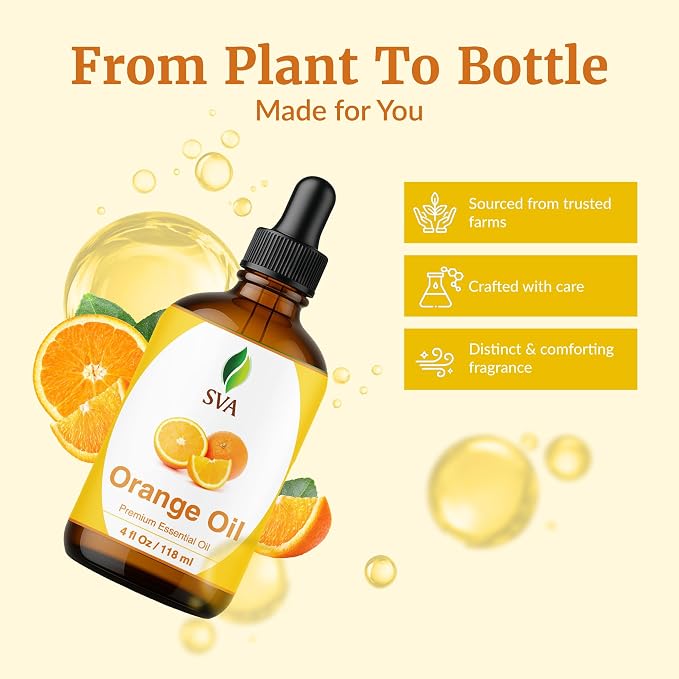 SVA Orange Essential Oil 4 Fl Oz – for Diffuser, Skin & Hair Care – Ideal for Massage & DIY Blends - with Dropper