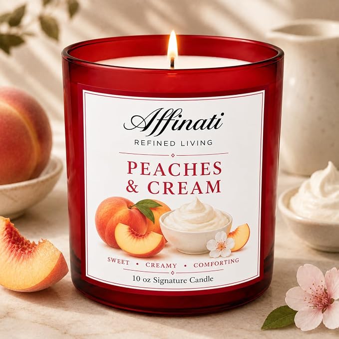 Affinati Peaches & Cream 10 oz Scented Candle – Long Lasting Luxury Soy Blend Candle for Home, Strong Scent Throw Sweet Summer Fruit Gourmand Bakery Candle, Premium Home Fragrance Gift