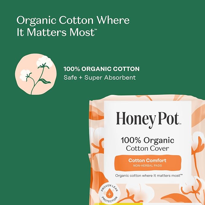 The Honey Pot Company - Sanitary Pads for Women - Non-Herbal Heavy Flow Daytime w/Wings - Organic Cotton Cover & Ultra-Absorbent Core - Feminine Care - 14 ct
