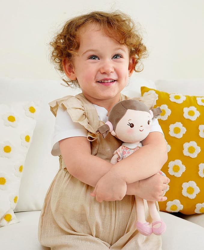 Soft Plush Baby Doll for Girls (12") - My First Baby Doll Gift for Girls, Toddlers & Infants, Machine Washable Rag Doll Toy - Pink Flower Girl