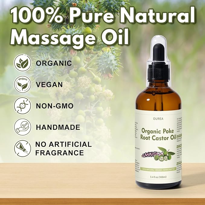 Organic Poke Root Castor Oil – 3.4 Fl Oz Natural Lymphatic Support Massage Oil, Soothing Relief for Cysts, Boils, Breast, Fibroids, Swollen Lymph Nodes & Joint – Deep Tissue Drops