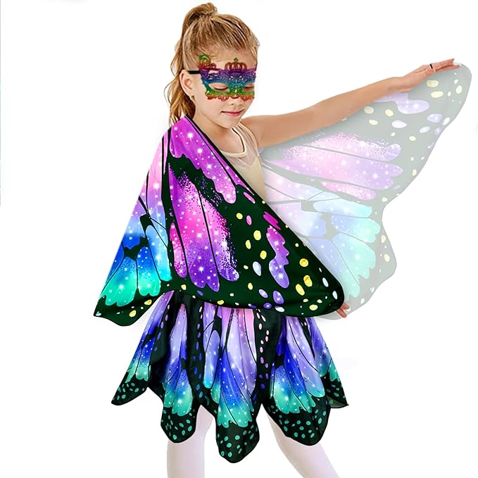 Kids Butterfly Wings Costume for Girls Fairy-Wings Toddler Dress Up Play Costumes Butterfly Skirt Set Mask Party Favors Gifts（Purple & Green+skirt sets）