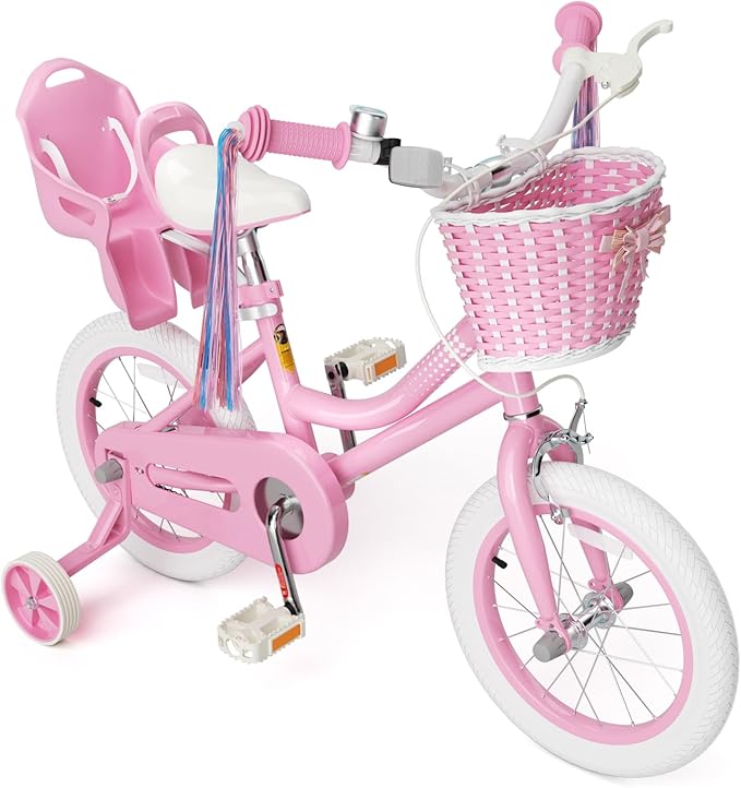 KORIMEFA Girls Bike for Ages 2-8 Years Toddler Kids with Doll Seat, 12 14 16 Inch Bicycle with Training Wheels, Little Small Princess Bicycle with Basket& Streamers, Girls Pedal Bike