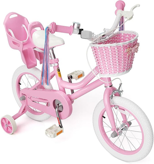 KORIMEFA Girls Bike for Ages 2-8 Years Toddler Kids with Doll Seat, 12 14 16 Inch Bicycle with Training Wheels, Little Small Princess Bicycle with Basket& Streamers, Girls Pedal Bike