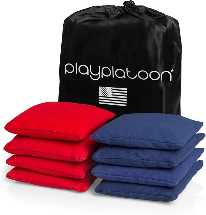 Play Platoon Cornhole Bags Weather Resistant- Set of 8 Regulation Bean Bags for Tossing- Official Professional Size & Weight Corn Hole Bags Two Color All Weather Cornhole Beans Bag Set with Tote Bag