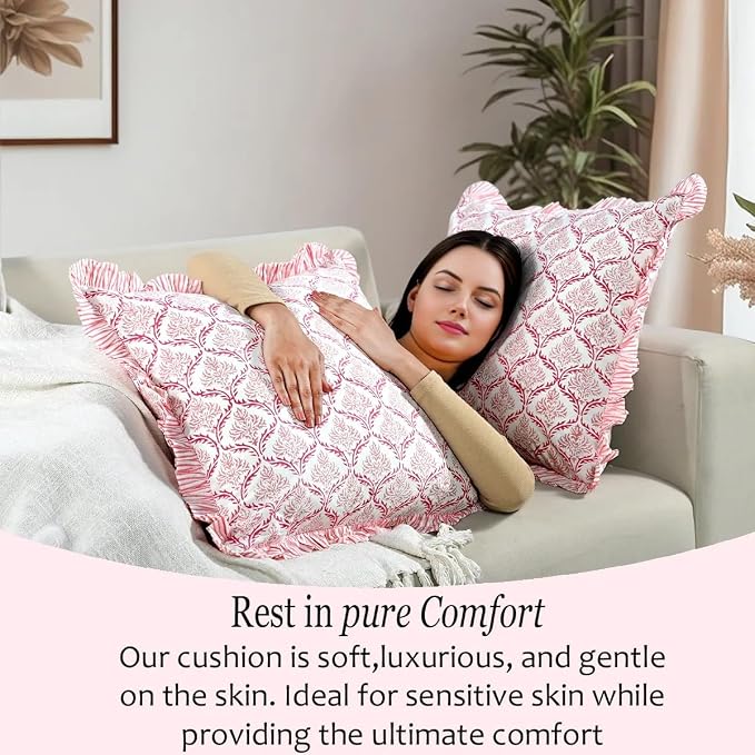 CPC Blush Rose Hand Block Print 100% Cotton Ruffle Throw Pillow Cover 18x18 inch with Hidden Zipper Decorative for Couch, Bed, Sofa, Farmhouse, Cottagecore Decor Gift Christmas Fall Thanksgiving