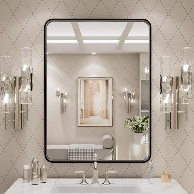 LOAAO 24X32 Inch Black Metal Framed Bathroom Mirror | Matte Black, Rounded Rectangle, Anti-Rust, Hangs Horizontally or Vertically