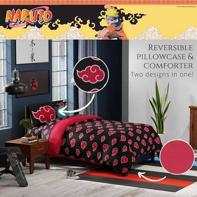 Collectibles Naruto Anime Akatsuki Bedding 7 Piece Super Soft Reversible Comforter and Sheet Set with Sham, Queen, (Officially Licensed Product) By Franco