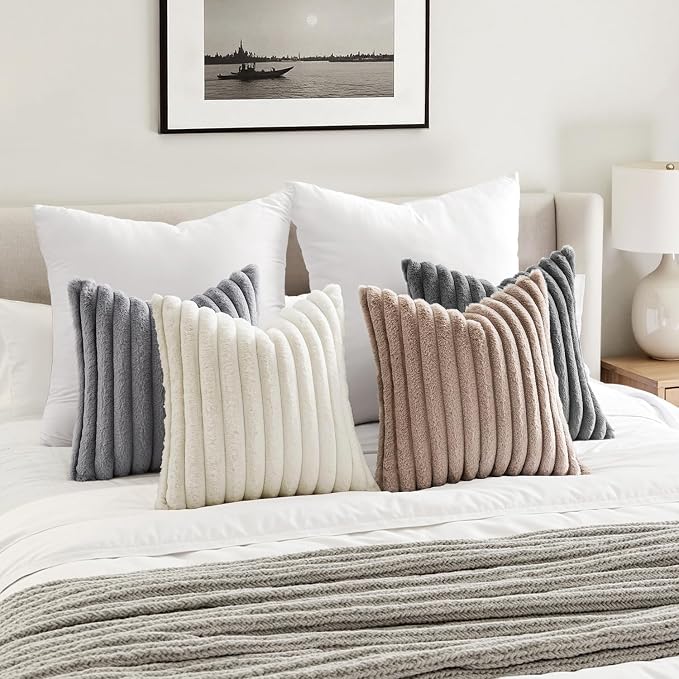 MIULEE Faux Fur Plush Decorative Throw Pillow Covers 18x18, Grey Taupe | Set of 4, Striped, Soft Boho Farmhouse, Rustic Home Decor, Cushion Cases for Sofa Couch Bed Living Room
