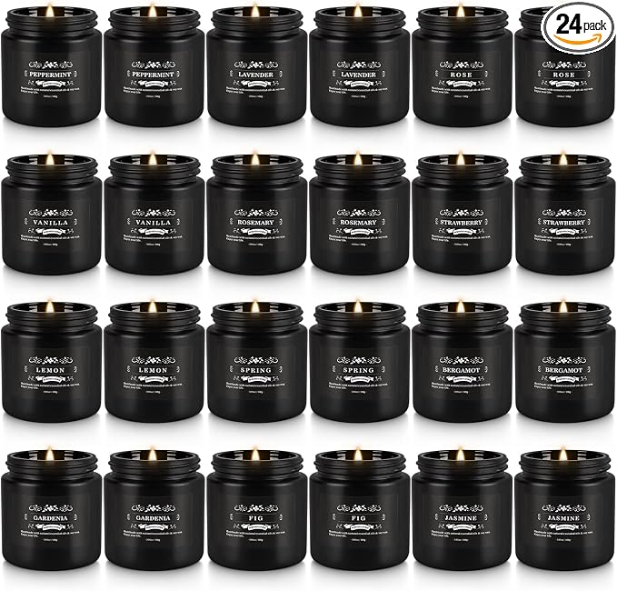 Scented Candle Set 24 Pack,Black, Candle for Home Scented, Odor Eliminating, Stress Relief, Long Lasting Soy Wax Gift Set