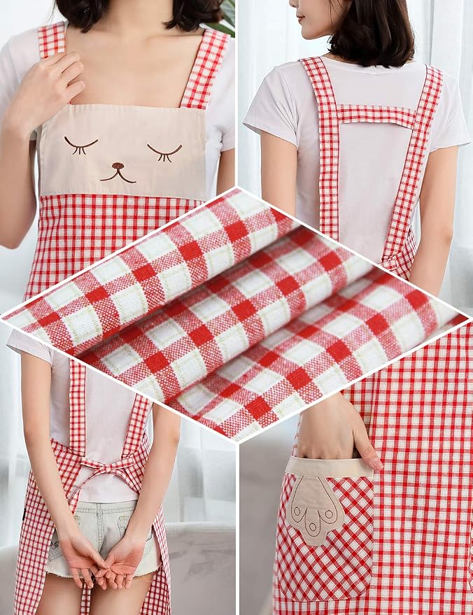 NEWGEM 100% Cotton Cute Plaid Apron with Pockets - Korean Style H-Back Cat Pinafore for Gardening, Farmhouse Kitchen (Red/White Cat)