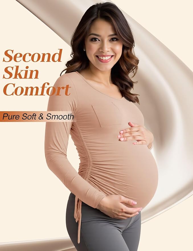 Fotociti Maternity Shirts Long Sleeve, Pregnancy Side Ruched Tops,Women’s Clothes for Mama Work Casual Yoga Wearing