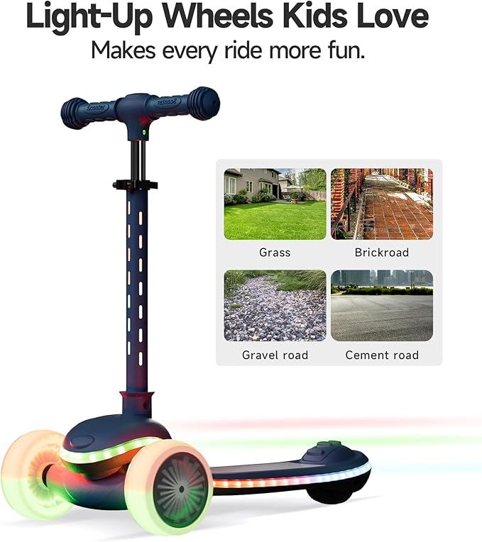 Kids Scooter, 3 Wheel Kick Scooter for Toddlers with Light Up Wheels, Lean-to-Steer Design, Adjustable Height Handlebar, Anti-Slip Deck, Ages 2–8