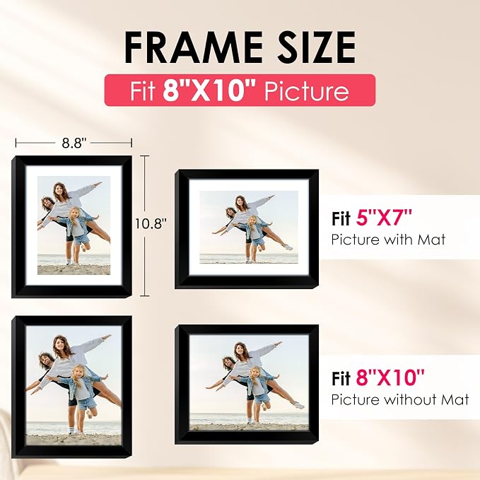 8x10 Picture Frame, Black Photo Frame with HD Plexiglass, Display Pictures 5x7 with Mat or 8x10 Without Mat, Picture Frames Collage for Tabletop or Wall Display, 2 Pack