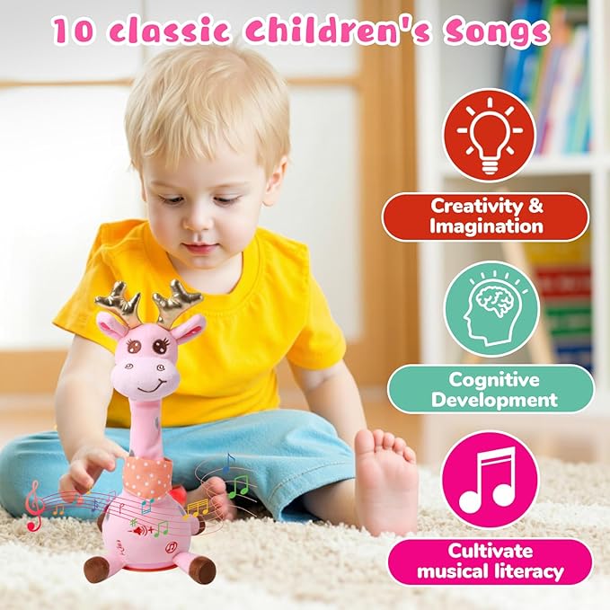 MIAODAM Dancing Talking Giraffe Stuffed Animal, Singing 10 Children's Song, Baby Toy Repeats What You Say, Christmas Colorful Glowing Giraffe Plush Interactive Toys for Toddlers 1-3 Year(Pink)