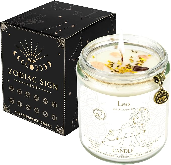 Leo Zodiac Crystal Candles - Astrology Gifts for Women, Scented Candle Jar for Birthday or Sister Zodiac Gift