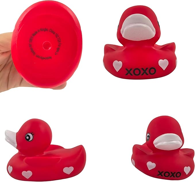 4E's Novelty 3" Valentines Rubber Duck - 2 Pack Large Red XOXO Sweetheart Ducky for Romantic Decoration, Jeep Ducking, Bath Toy, Cake Topper, Party Supplies, Valentines Gift for Him Her