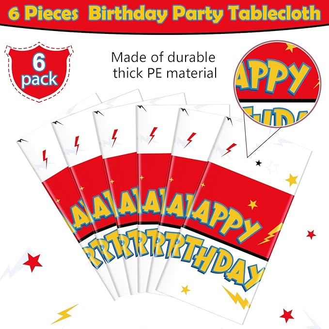 6 Pack Red White Birthday Tablecloth Party Decorations, Lightning Bolts Plastic Table Cloth, Disposable Cartoon Table Cover for Kids Birthday Baby Shower Party Supplies Decorations, 54” x 108”