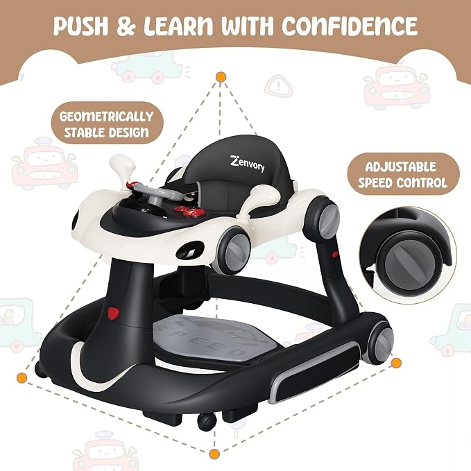 6 in 1 Foldable Baby Walker, Activity Baby Walker-Baby Bouncer, Rocker, Activity Center,Push Walker,Detachable Trampoline Mat, Adjustable Speed Rear Wheels and Height,Music & Lights,Ages 6-18 Months