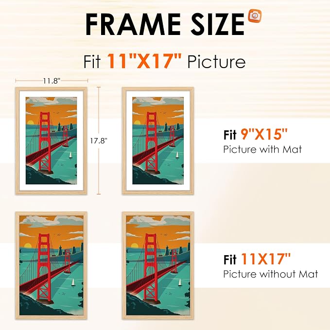 11x17 Picture Frame Natural Set of 2, Photo Frame with HD Plexiglass, Display Pictures 9x15 with Mat or 11x17 Without Mat, Natural Picture Frames Collage Wall Decor, Gallary Wall Frame