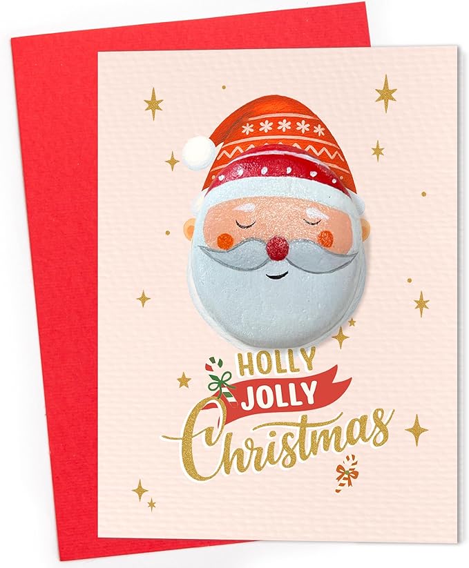 Handmade Vintage Santa Christmas Greeting – Retro Holiday Design with Envelope – 1950s Style Christmas Stationery, Pebble Art Nostalgic Keepsake for Holiday Gifting