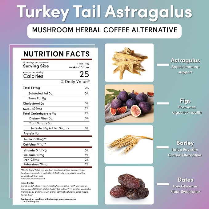Teeccino Mushroom Herbal Tea - Turkey Tail Astragalus Toasted Maple - Caffeine Free, Prebiotic, 3x More Herbs - 25 Tea Bags