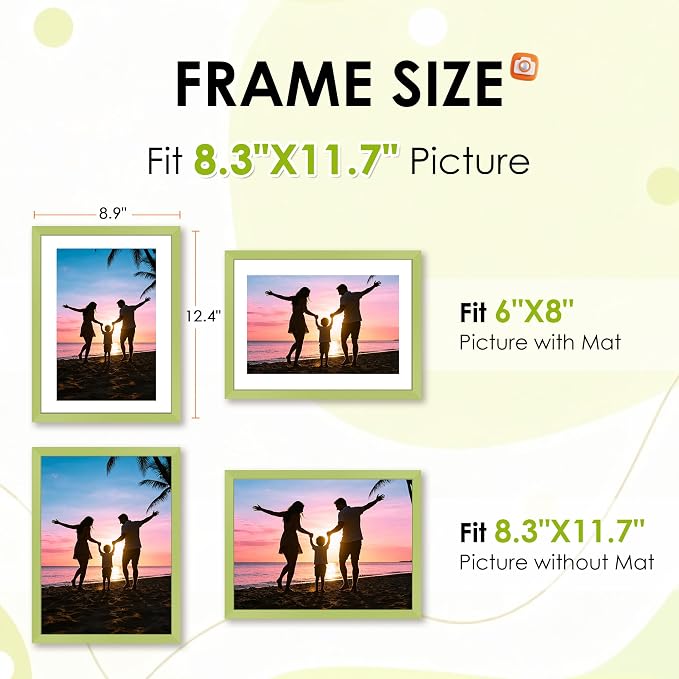 FIXSMITH A4 Picture Frame Set of 2, Green Photo Frame with HD Plexiglass, Display Pictures 6x8 with Mat or 8.3x11.7 Without Mat Multi Picture Frames Collage for Tabletop or Wall Display