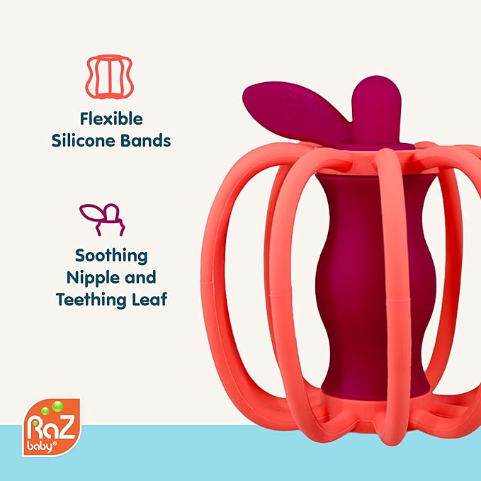 RaZbaby RaZ-Pear Silicone Teether & Rattle Toy – Soft, Flexible & Easy to Hold, Soothing Sounds for Entertainment, Textured for Teething Relief, Nipple-Shaped Stem for Comfort – BPA-Free, 3M+