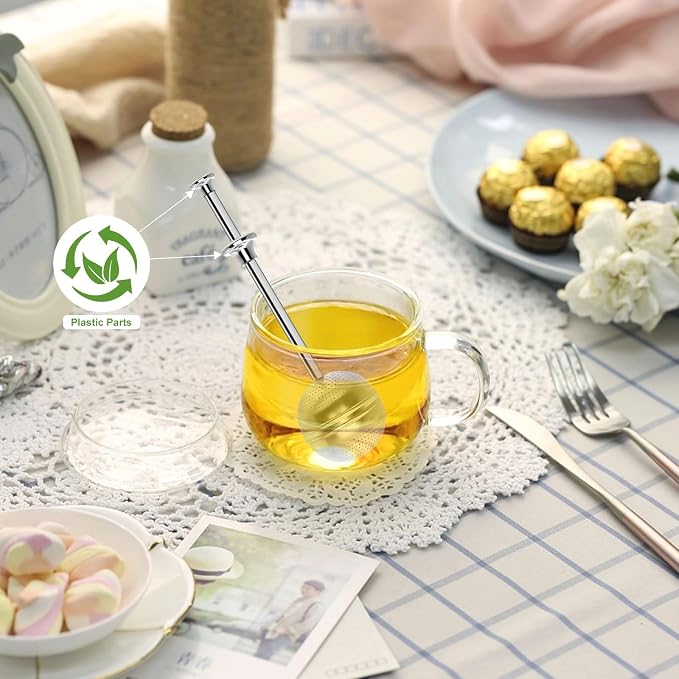 Long Handle Tea Ball, One Handed Pressing Operation, Easy to Use, 2Pcs | Fine Mesh Holes, Plastic Handle with Stainless Steel Ball, No Tea Residue, For Cup and Teapot, Tea Lover Gift
