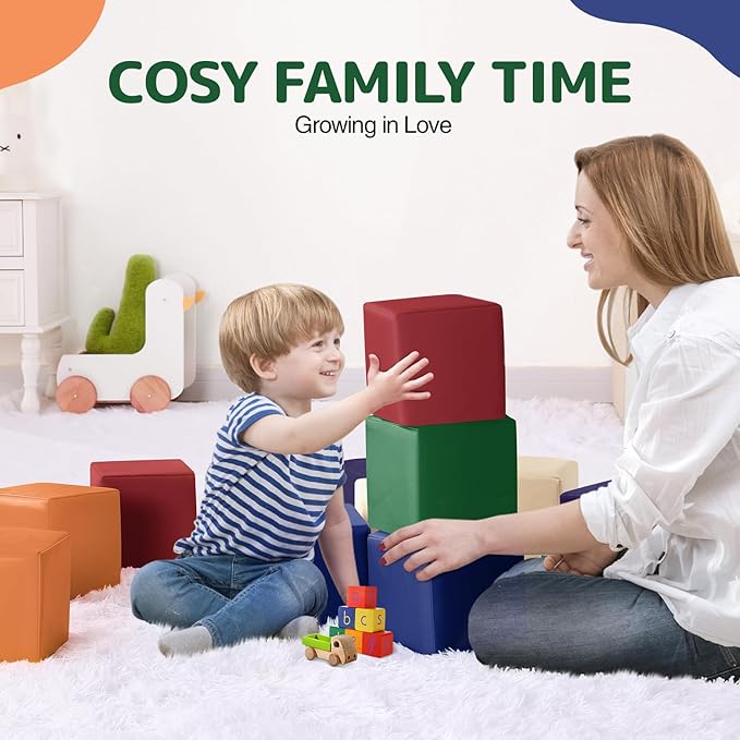 Foam Building Blocks for Kids: 12-Pieces PU Leather Colorful Foam Blocks - Building Toys for Toddler - Giant Stacking Blocks Toys - Soft Indoor Playset for Birthday Gift Preschool Learning (Classic)