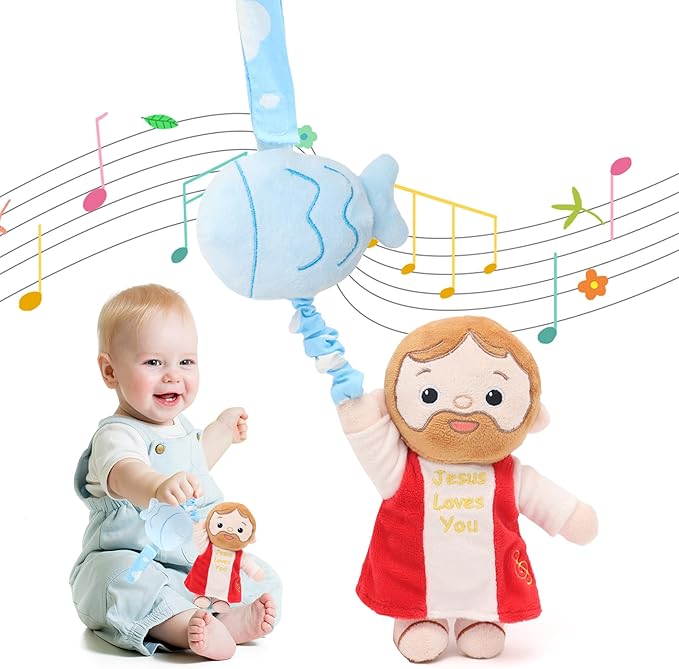 Baby Jesus Hanging Toys with Music Box Crib Toys Car & Stroller Toys Lullaby ﻿Sensory Pull Plush Doll for Babies Baptism First Birthday