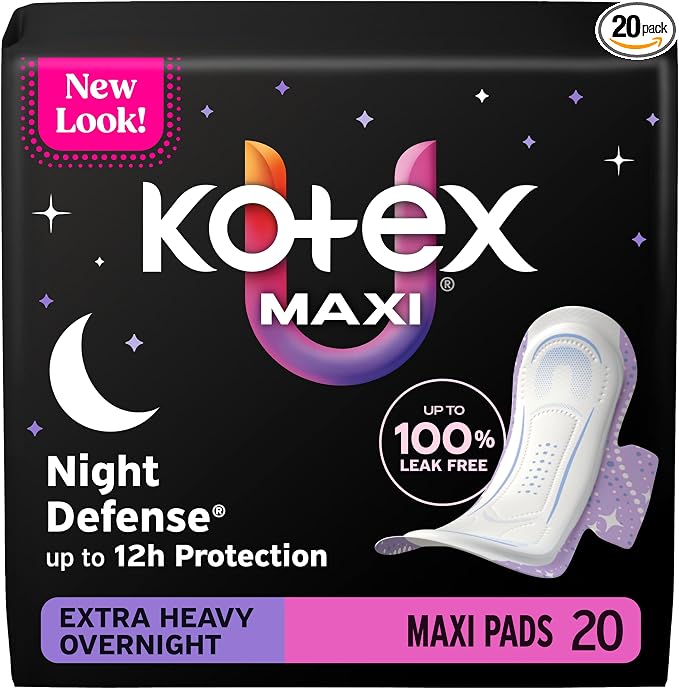 Kotex Overnight Maxi Pads with Wings, Extra Heavy Absorbency, 20 Count (Packaging May Vary)