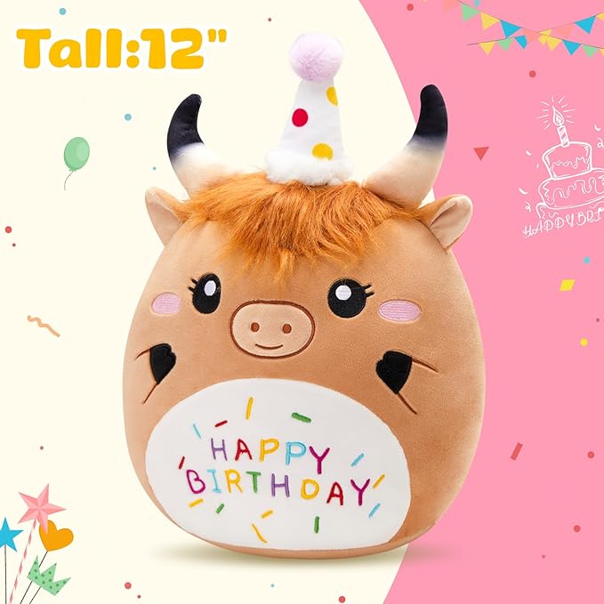 12'' Birthday Highland Cow Plush Pillow, Cute Scottish Highland Cow Stuffed Animal, Happy Birthday Plush Toy Party Decor Gifts for Kids Boys Girls