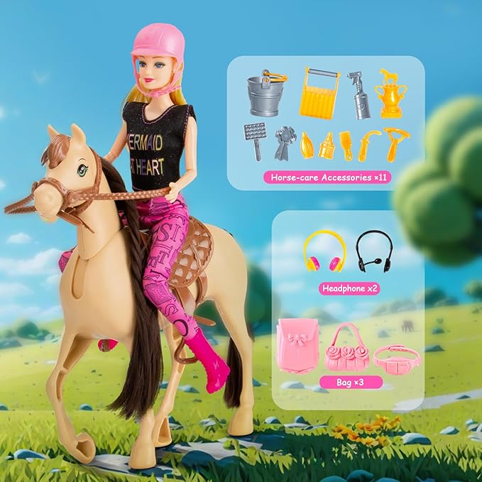 60 PCS Doll Horse Set Toy, Fashion Blonde Doll(11.5 Inch) in Riding Helemt Doll Accessories & Light Brown Horse with Moveable Head, Saddle, Bridle and Reins, for Ages 3 Years Old & Up