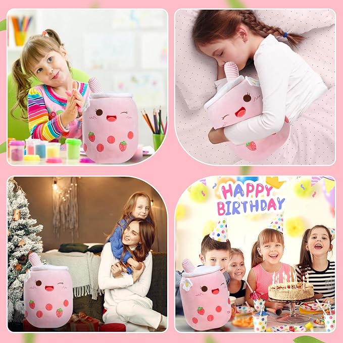 Athoinsu Pink Strawberry Boba Tea Plush Pillow 20'' Giant Kawaii Stuffed Bubble Animal Toy Birthday Christmas Holiday Valentines Gifts for Kids,Girls,Boys