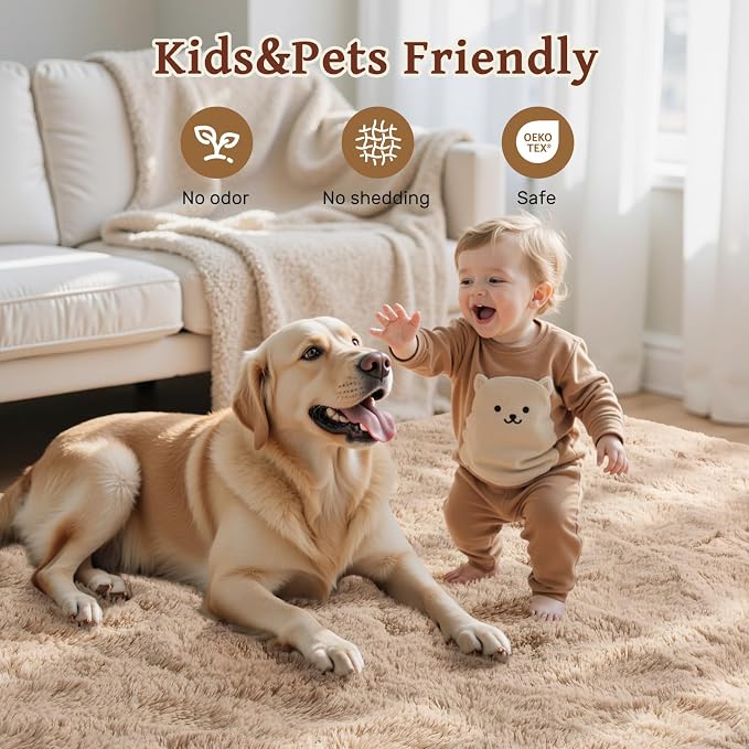 5x8 Living Room Rugs Fluffy Neutral Beige Area Rug,Modern Plush Non-Slip Soft Bedroom Shag Carpet for Book Room Office,Coffee Stain Resistant