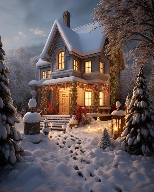 DIY Art Therapy Embroidery Kit,Pre-Printed Canvas 40x50cm,Relaxing Hand Stitch Project for Women,Beginners,Teens,Gift for Craft-Loving,Christmas Snow Cabin