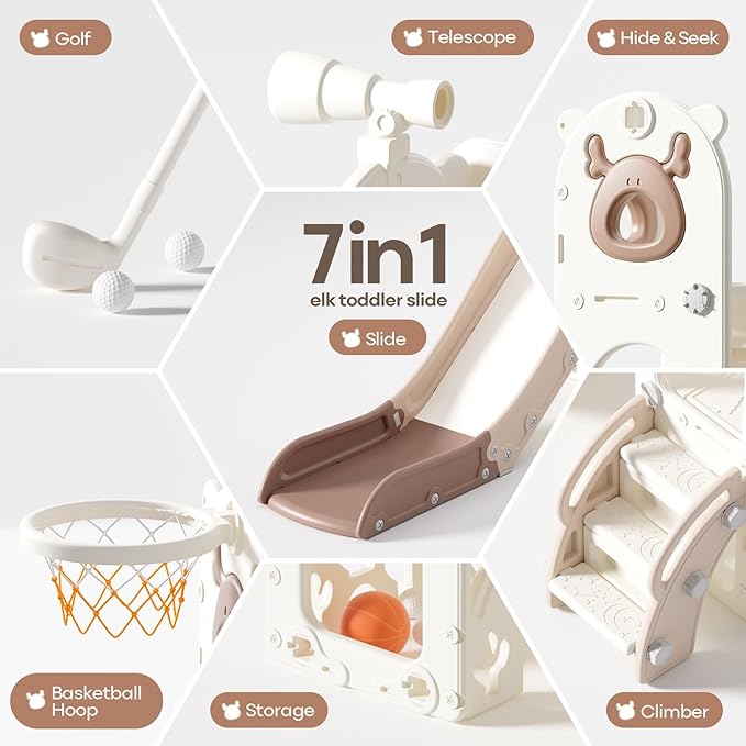 Mloong 7 in 1 Toddler Slide, Kids Slide for Toddlers Baby 1-3 Years Old, Indoor and Outdoor with Basketball Hoop Upgraded Golf for Kids Easy Assembly Elk Design(Beige & Rosy Brown)(28×62×39in)