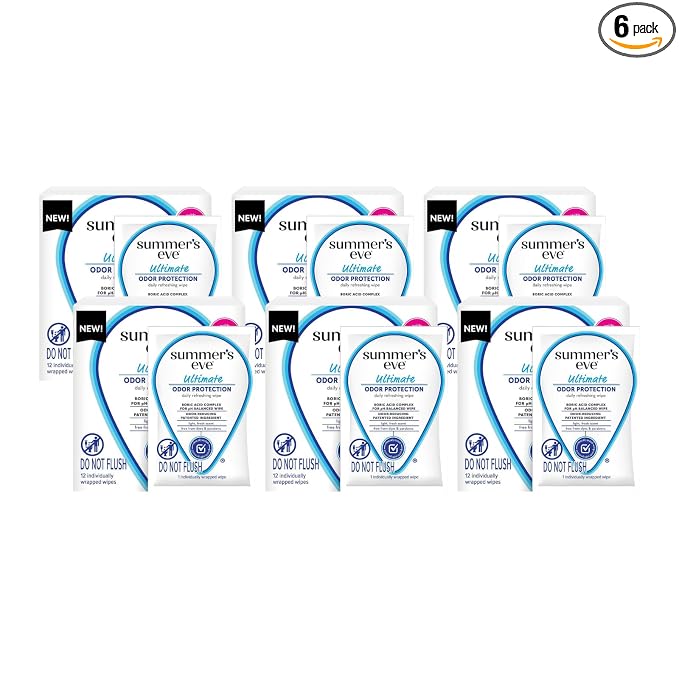 Summer’s Eve Ultimate Odor Protection Feminine Cleansing Wipes, On the Go Intimate Body Wipes, Individually Wrapped, with Boric Acid Complex, pH Balanced, 12 Count (Pack of 6)