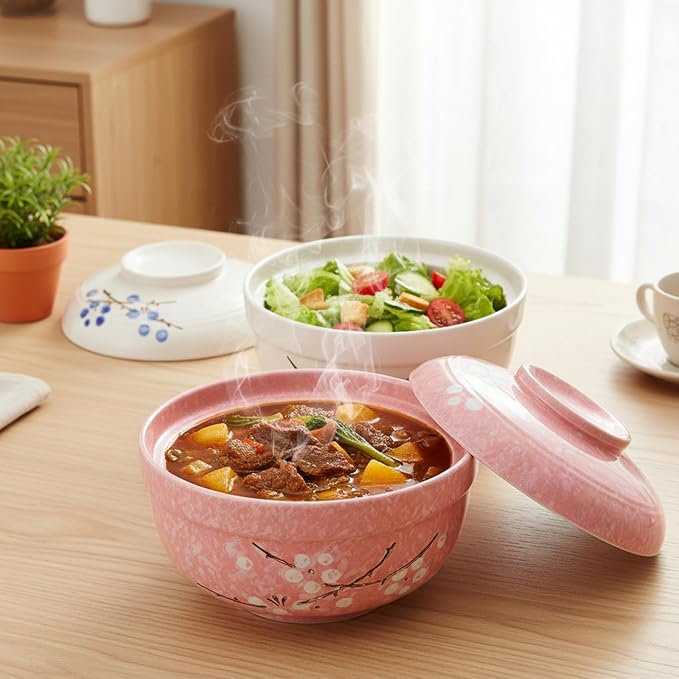 MAQUITA 2 Pack 27oz Ceramic Ramen Bowl with Lid Microwavable Japanese Korean Soup Bowl Clay Pot Dinnerware for Noodle Rice Porridge