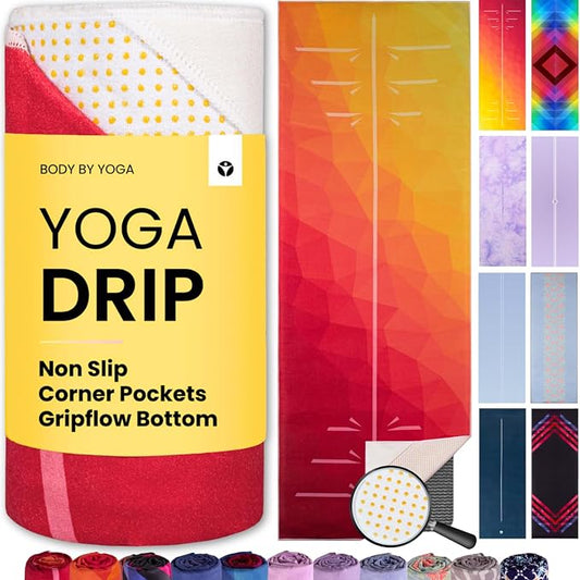 Yoga Drip Hot Yoga Towel – Non Slip Yoga Mat Towel with Corner Pockets, Silicone Grip Dots & Subtle Alignment Lines | Sweat Absorbent, Moisture Wicking, Quick Dry | No Bunching or Sliding | 72” x 26”