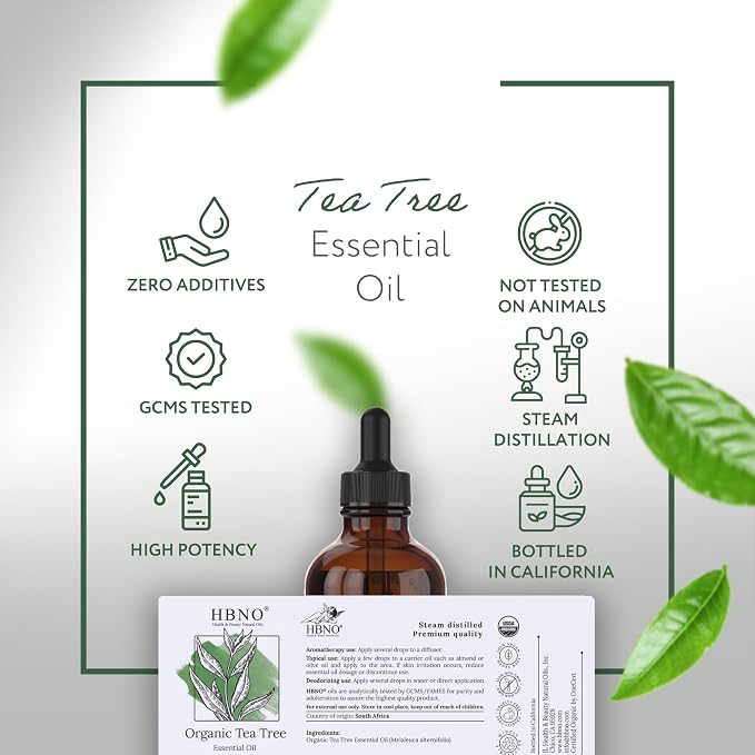 HBNO California Bottled Organic Tea Tree Oil for Skin & Hair - 4 fl oz (120ml) - USDA Certified Organic Tea Tree Oil for Aromatherapy